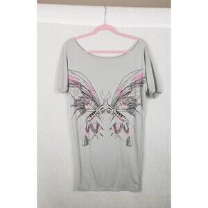 Key Closet Womens Butterfly Moth Tee Shirt M Gray Pink Y2K Casual Whimsigoth USA